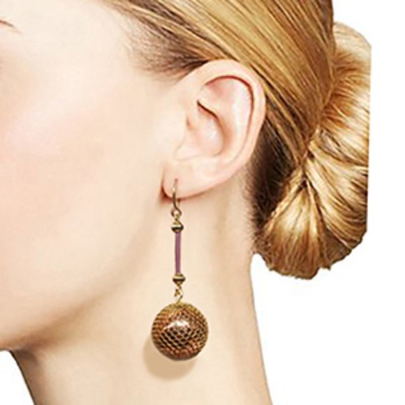 Saks 5 Ave 14 kt Gold Plated Hooks Golden Ball/Dome Earrings Designer Jewelry - Picture 1 of 9